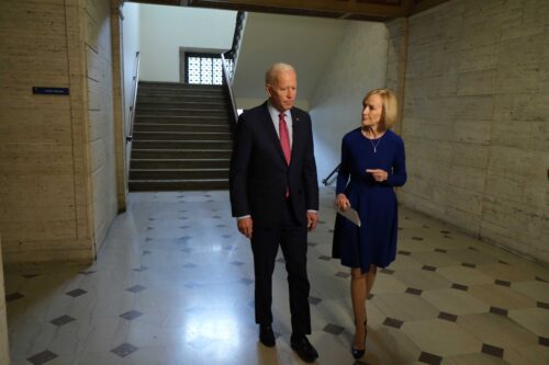 PBS NewsHour’s Judy Woodruff interviews Vice President Joe Biden at Scottish Rite Consistory Friday, Nov. 1, 2019, in Des Moines, Iowa.