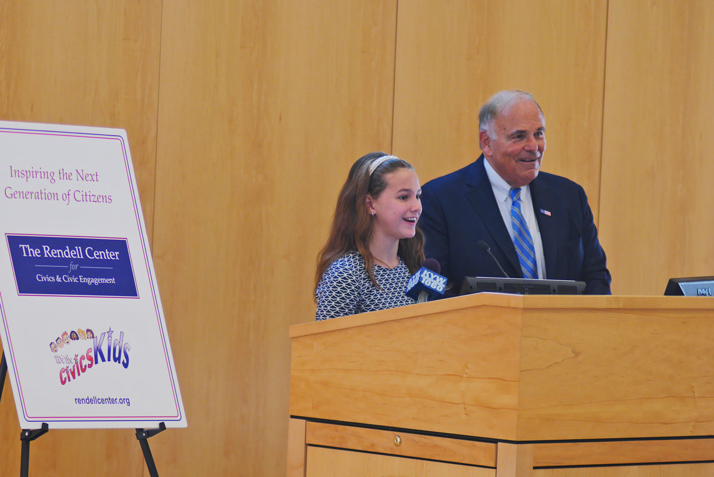 Former Gov. Ed Rendell and Radnor Elementary School 5th grader Mallory Toomey.