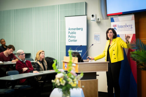 Former CDC Director Rochelle Walensky speaks to the audience at the 2024 Annenberg Lecture. 