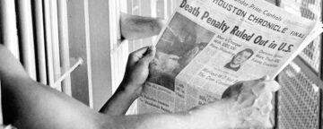 Picture of a person holding a newspaper reading "Death Penalty Ruled Out in U.S." The person is behind bars. The eighth amendment, prohibiting cruel and unusual punishment, is the subject of an Annenberg Classroom film. Three educators have been named to write lesson plans for the film.