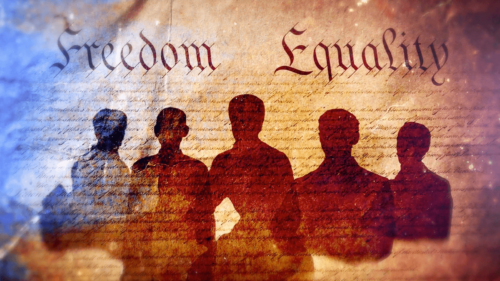 Screenshot from "Juneteenth" film, featuring silhouettes of people with the words "Freedom" and "Equality" above them.