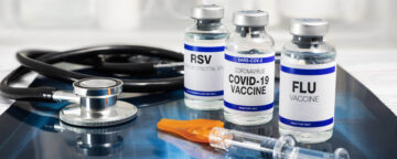 Vials of RSV, Covid-19, and flu vaccine