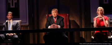 Photo of Donald Trump, Donald Trump, Jr., and Ivanka Trump during the Celebrity Apprentice live season finale on May 16, 2010. The show features prominently in Kim and Patterson's politics of entertainment argument.