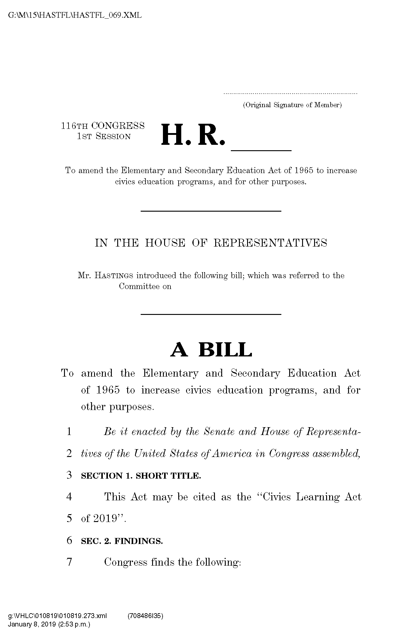 Screenshot of the Civics Learning Act of 2019, which featured data from the Annenberg Civics Survey.