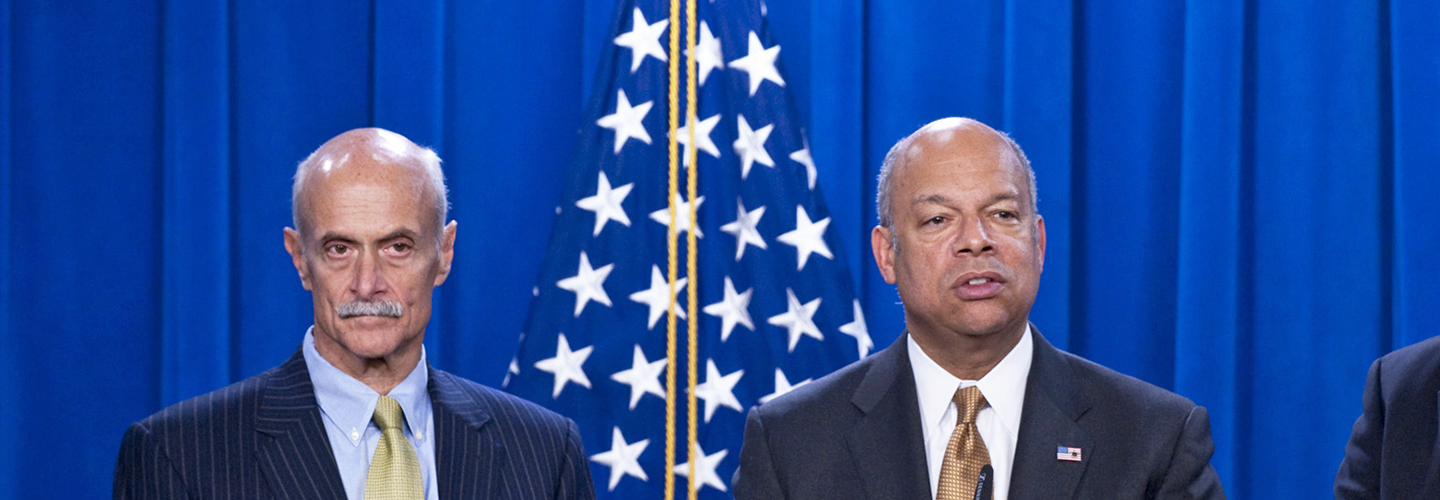 Former DHS Secretaries Michael Chertoff and Jeh Johnson. Credit: DHS/Barry Bahler.