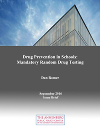 Cover of "Drug Prevention in Schools: Mandatory Random Drug Testing" issue brief.