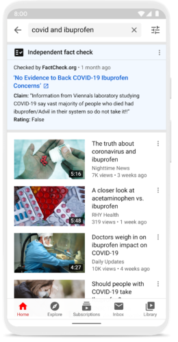 A sample YouTube mobile search featuring a fact-check from FactCheck.org.