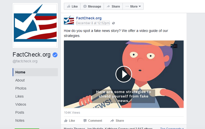 Image from FactCheck.org's video "How to Spot Fake News," posted on its Facebook page.