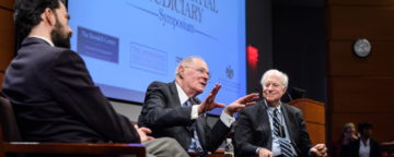 Supreme Court Justice Anthony Kennedy, sitting with Third Circuit Appeals Court Judge Stephanos Bibas and former Duke Law School Dean David Levi, at the Fair and Impartial Judiciary Symposium, Oct. 26, 2019.