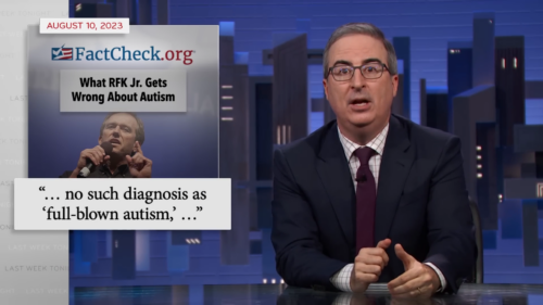 Screenshot of a "Last Week Tonight" clip in which Jamie Oliver cites FactCheck to debunk Robert F. Kennedy's misleading claims about autism. 