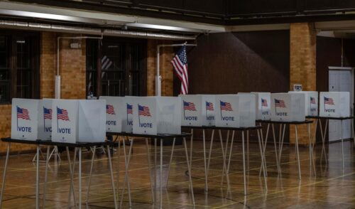 Empty voting booths in Flint, Michigan. For a story on voting rights.