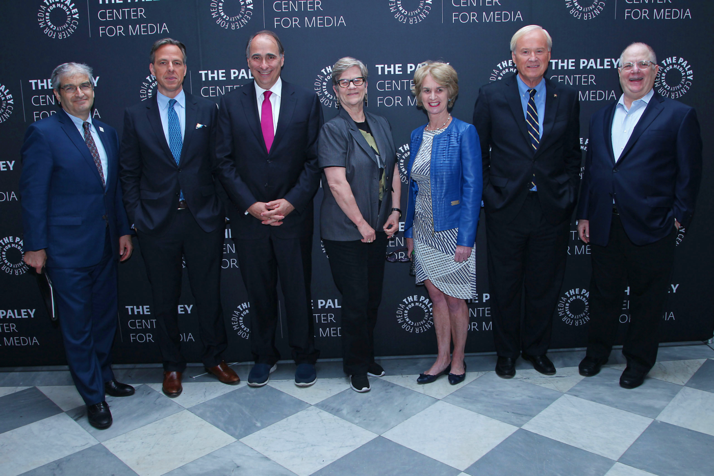 Left to right: JFK Library Foundation Executive Director Steven M. Rothstein, Jake Tapper, David Axelrod, Kathleen Hall Jamieson, Kathleen Kennedy Townsend, Chris Matthews, and Frank Rich. Credit: Kristina Bumphrey/StarPix.