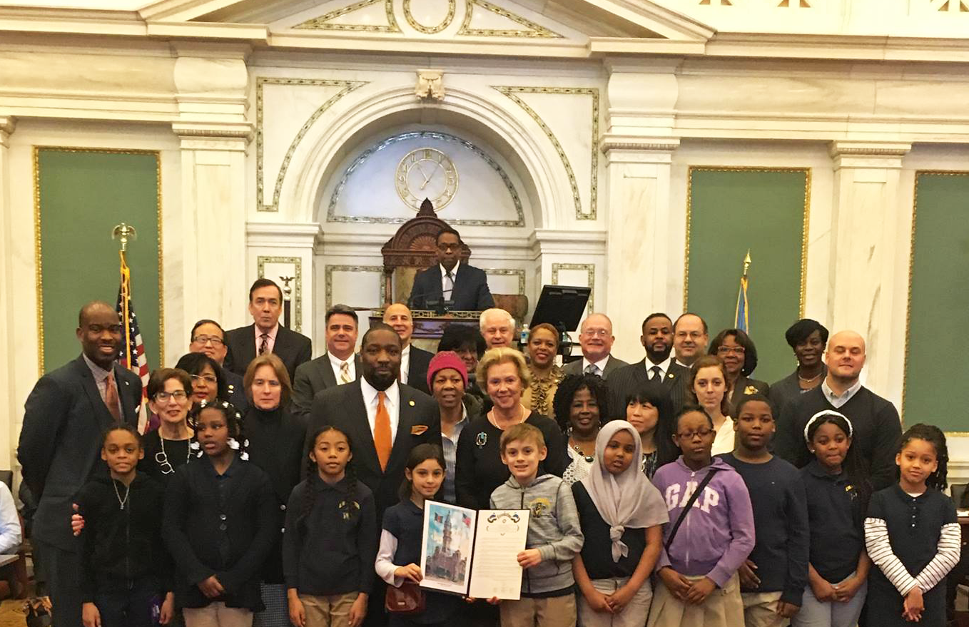 Judge Rendell, joined by students from E.M. Stanton Elementary.