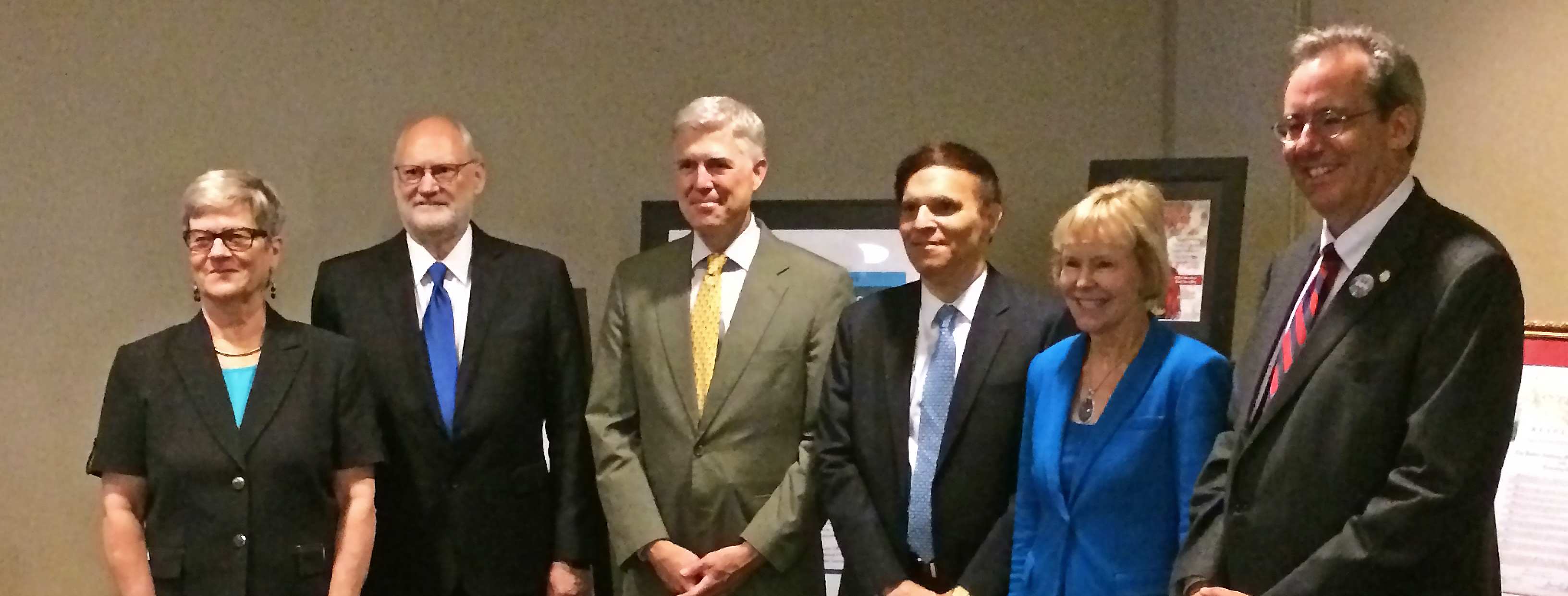 Annenberg Public Policy Center Director Kathleen Hall Jamieson (left) with the Hon. Sidney Thomas, Chief Judge, U.S. Court of Appeals for the Ninth Circuit; Associate Justice of the Supreme Court, Hon. Neil Gorsuch; Hon. Robert Katzmann, Chief Judge, U.S. Court of Appeals for the Second Circuit; Hon. Marilyn Huff, Senior District Court Judge and President of the Federal Judges Association; and Hon. Michael Newman, Magistrate Judge, Southern District of Ohio and President of the Federal Bar Association.