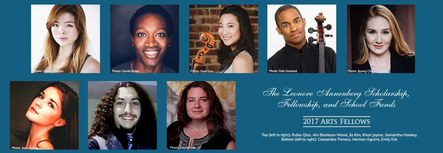 Leonore Annenberg arts fellows in 2017: Ruibo Qian, Ato Blankson-Wood, Jia Kim, Khari Joyner, Samantha Hankey, Cassandra Trenary, Herman Aguirre and Emily Erb.