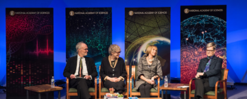 A panel with Kevin Finneran, Susan Fiske, Marcia McNutt, and Kathleen Hall Jamieson at the Arthur M. Sackler Colloquium on the Science of Science Communication III at the National Academy of Sciences. Credit: Kevin Allen Photography.