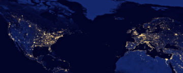 Nighttime view across the Atlantic. Credit: NASA Earth Observatory image by Robert Simmon.