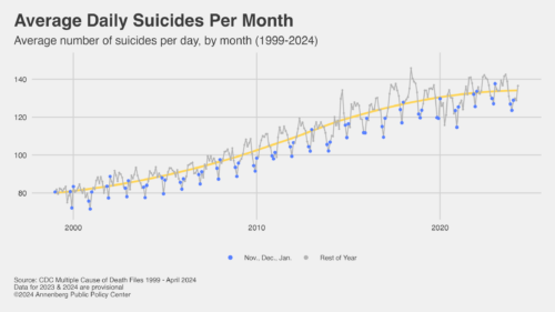 Figure depicting the average number of daily suicides per month since 1999. 