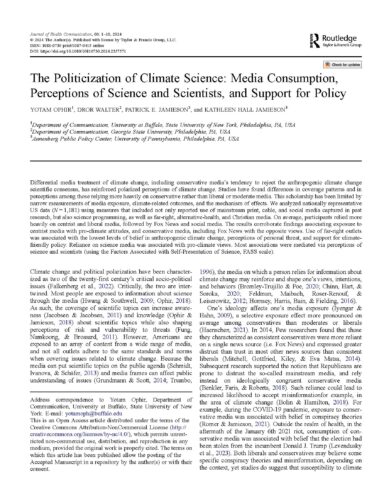 First page of paper in Journal of Health Communication titled "The Politicization of Climate Science Media Consumption Perceptions of Science and Scientists and Support for Policy."