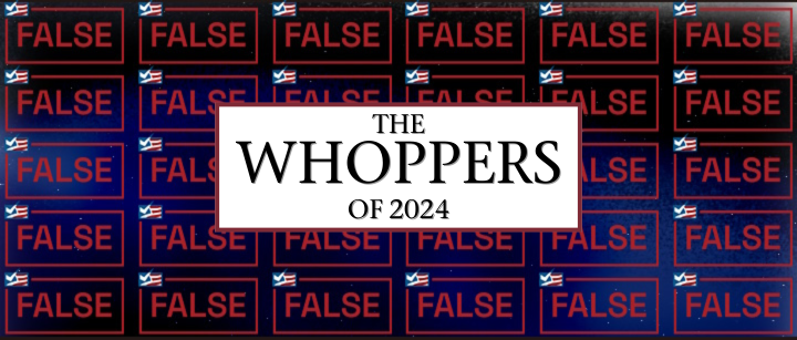 Image of a box that says the whoppers of 2024 with the word 'false' repeatedly stamped in the background.