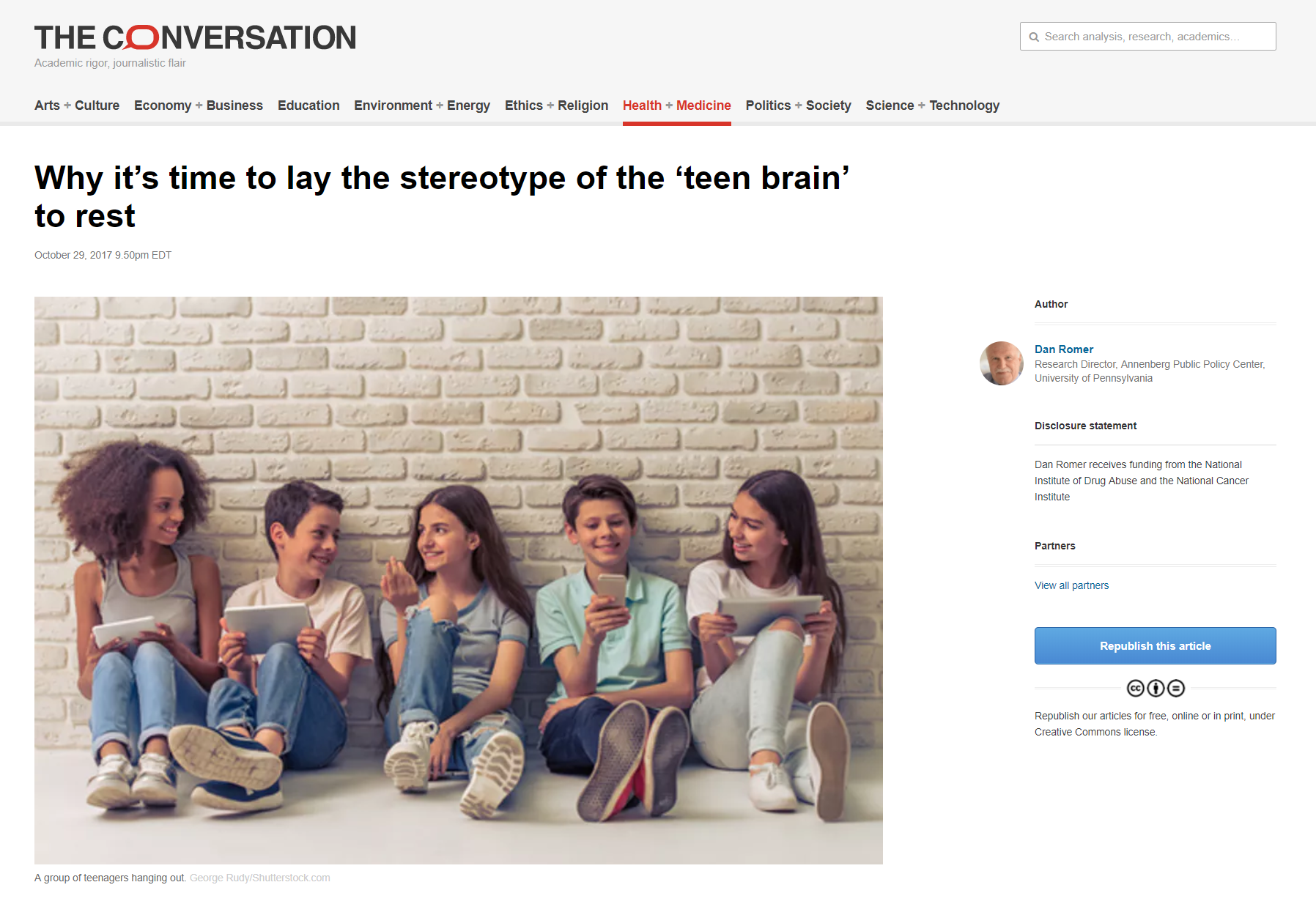 Romer's article: "Why it's time to lay the stereotype of the teen brain to rest," The Conversation.