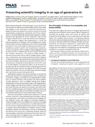 Screenshot of PNAS editorial titled "Protecting scientific integrity in an age of generative AI."