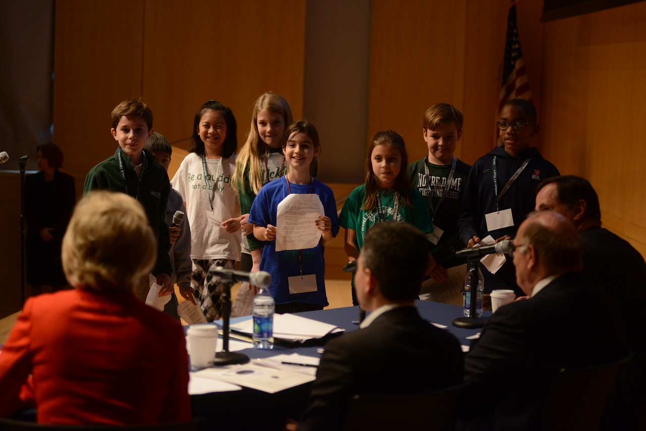 Students from McKinley Elementary discuss their presentation with the judges.