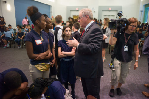 Republican challenger Scott Wagner talks with E.M. Stanton students.