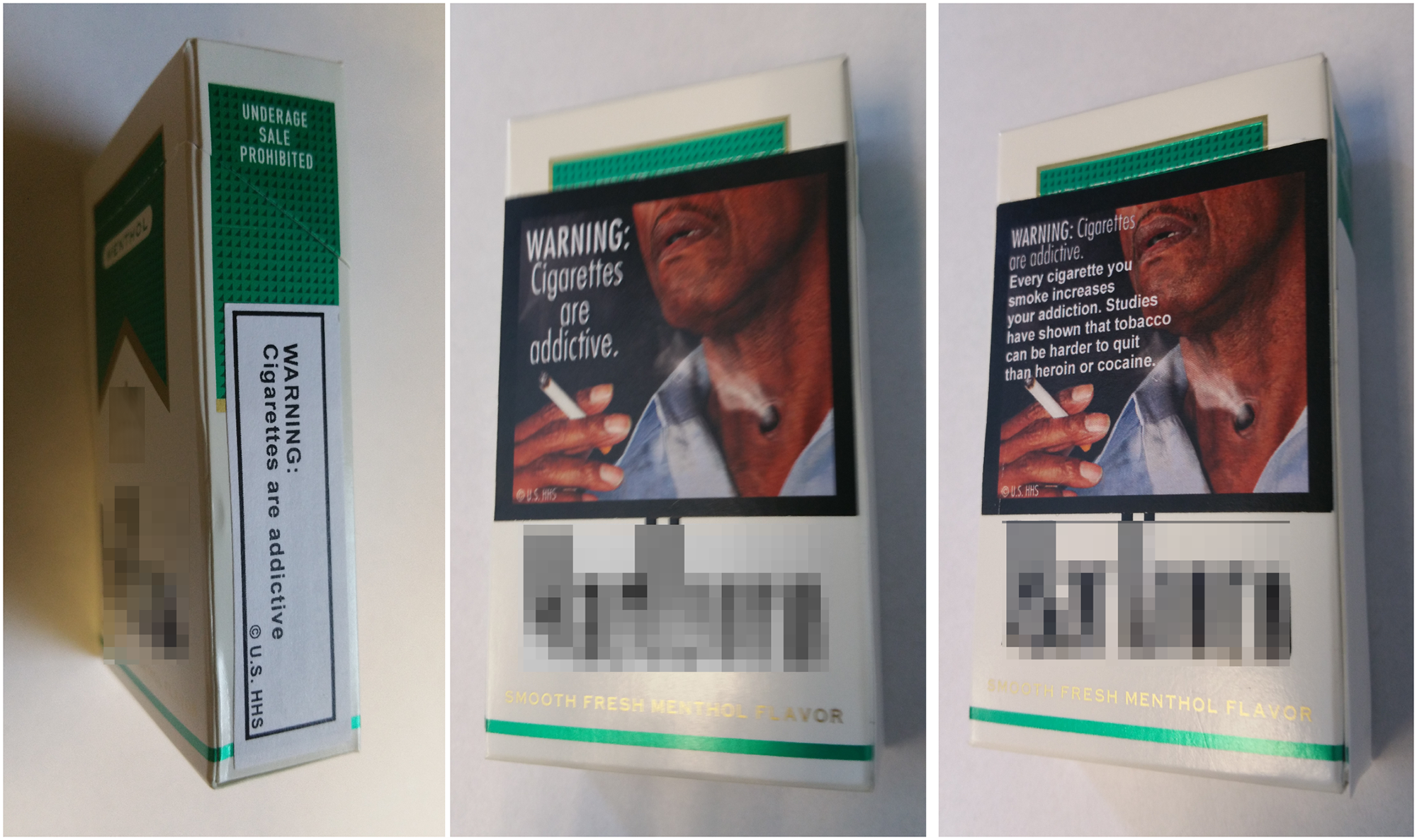 Basic text warnings (left) were placed on the side of cigarettes packages. Graphic warning labels (center) covered approximately 50% of the front of cigarette packages and paired images with basic text statements. Elaborated text warning labels (right) also featured graphic images, but included descriptive text which explained the warning in more detail. Credit: PLOS One.