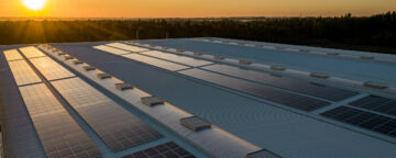 A setting sun shines on a rooftop covered in rows of solar panels.